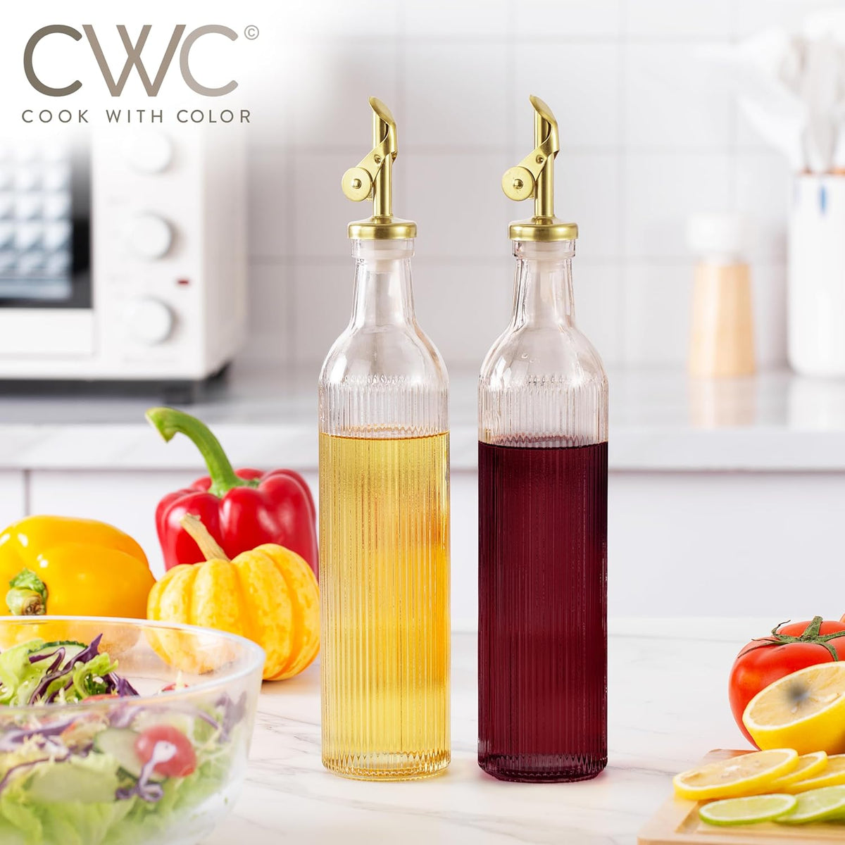 COOK WITH COLOR Glass Olive Oil Bottle Dispenser - 2 Pack- 17oz Oil and Vinegar Cruet - Olive Oil