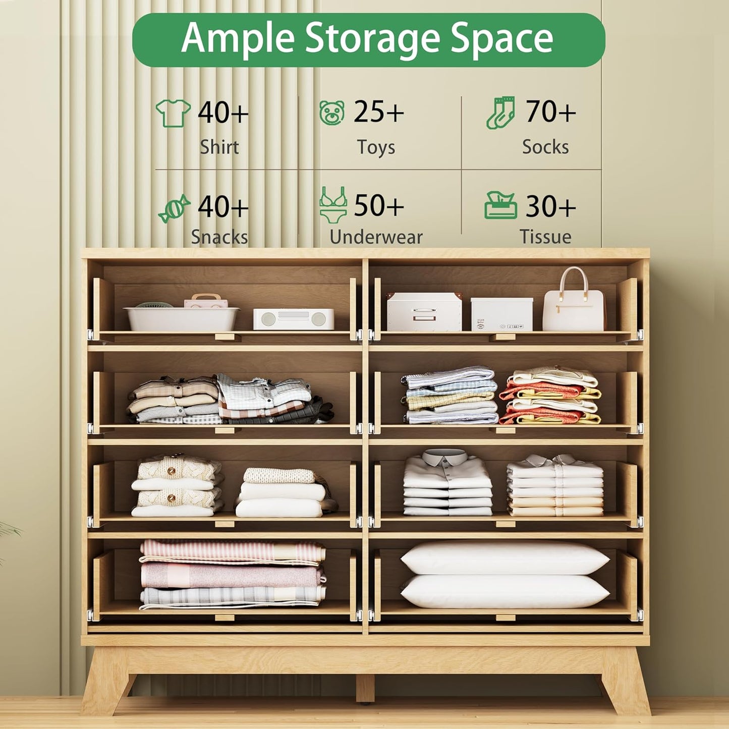Fluted Dresser for Bedroom with 8 Drawers, 48" Wide Modern Chest of Drawers with Metal Handle