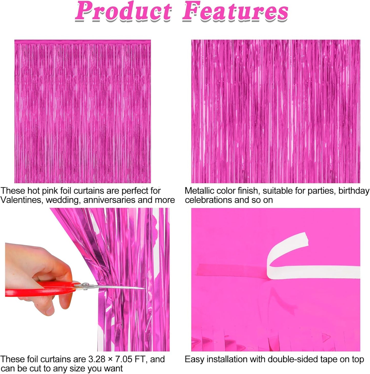 2 Pack Hot Pink Party Decorations, 3.28 FT x 7.05 FT Hot Pink Backdrop, Metallic Rose Red Photo