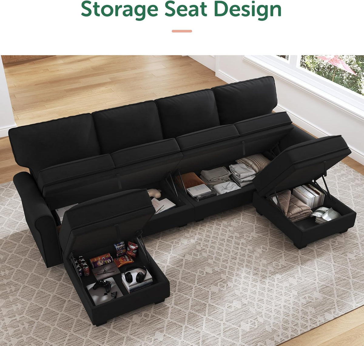 HONBAY Sectional Sofa with Storage Seat Velvet U Shaped Couch with Reversible Chaise Convertible