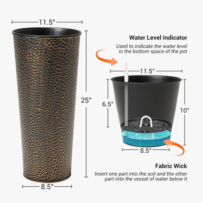 Worth Garden 2-Pack 25" H. Metal Planter with 2X Inside Pots - Hand-Hammered Texture Tall Cone