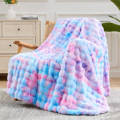 NEWCOSPLAY Faux Fur Throw Blanket Purple Rainbow Luxury Fluffy Thick Warm Bubble Blanket for Couch