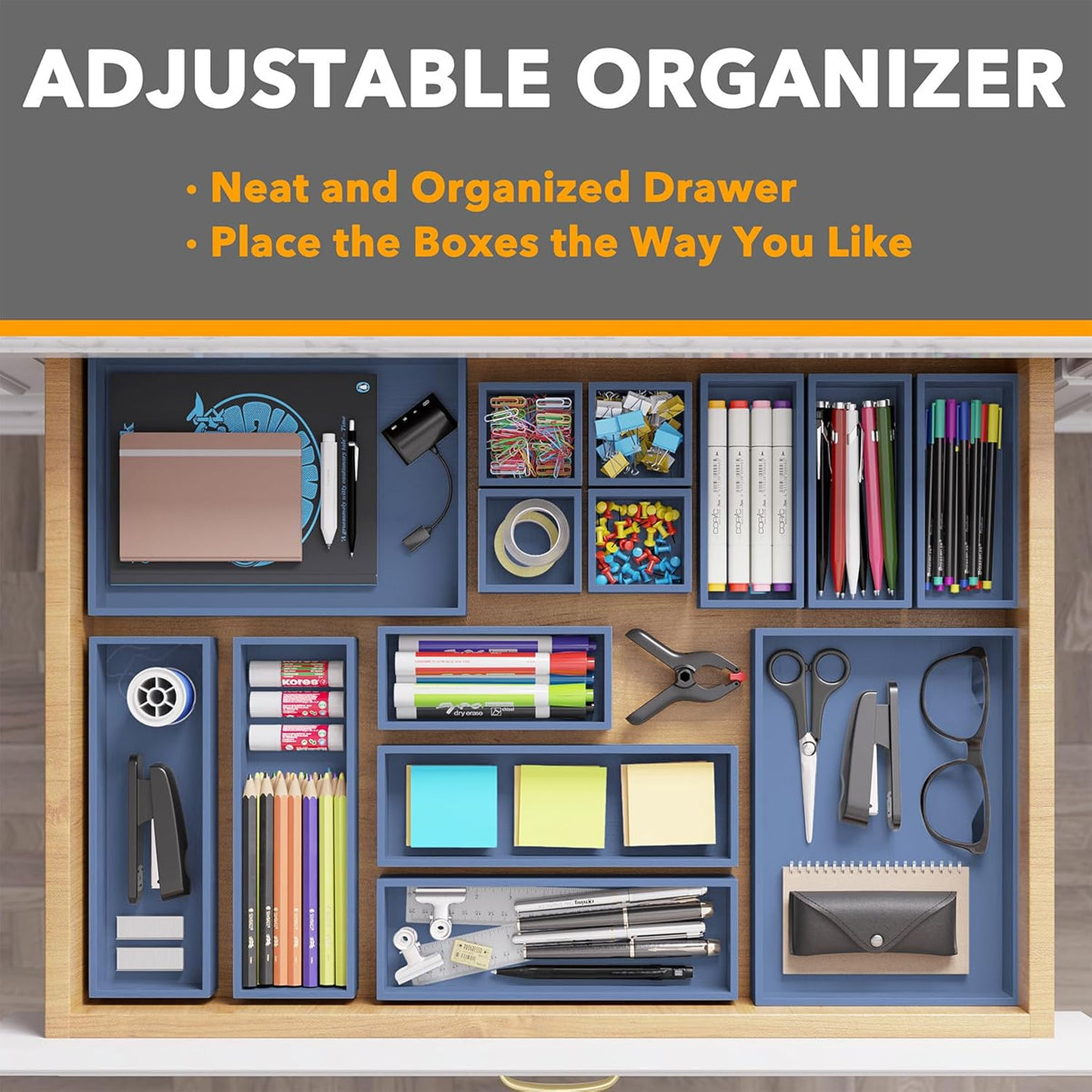SpaceAid 14-Piece Bamboo Drawer Organizer Storage Boxes Set, Wood Tray Junk Drawer Organizers