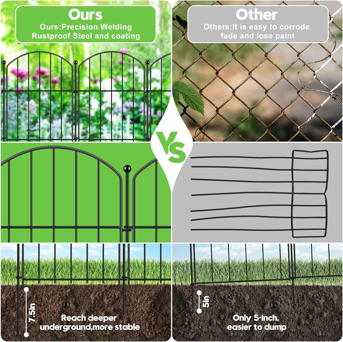 Decorative Garden Fence 17in (H) x15ft (L), Arched Rustproof Metal No Dig Fence for Dogs & Rabbit