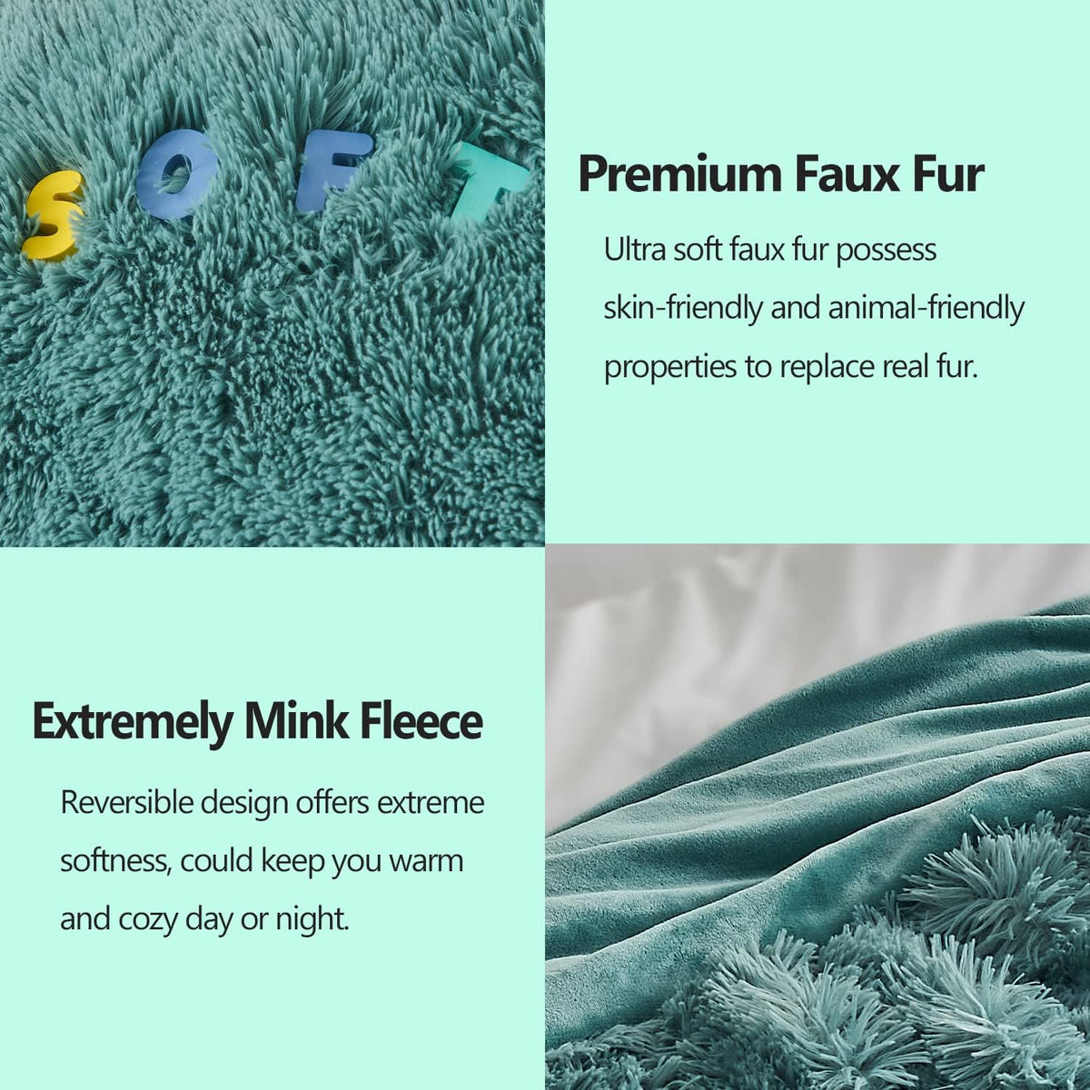 GONAAP Fuzzy Faux Fur Throw Blanket Light Teal Super Soft Cozy Plush Fuzzy Shaggy Blanket for Couch