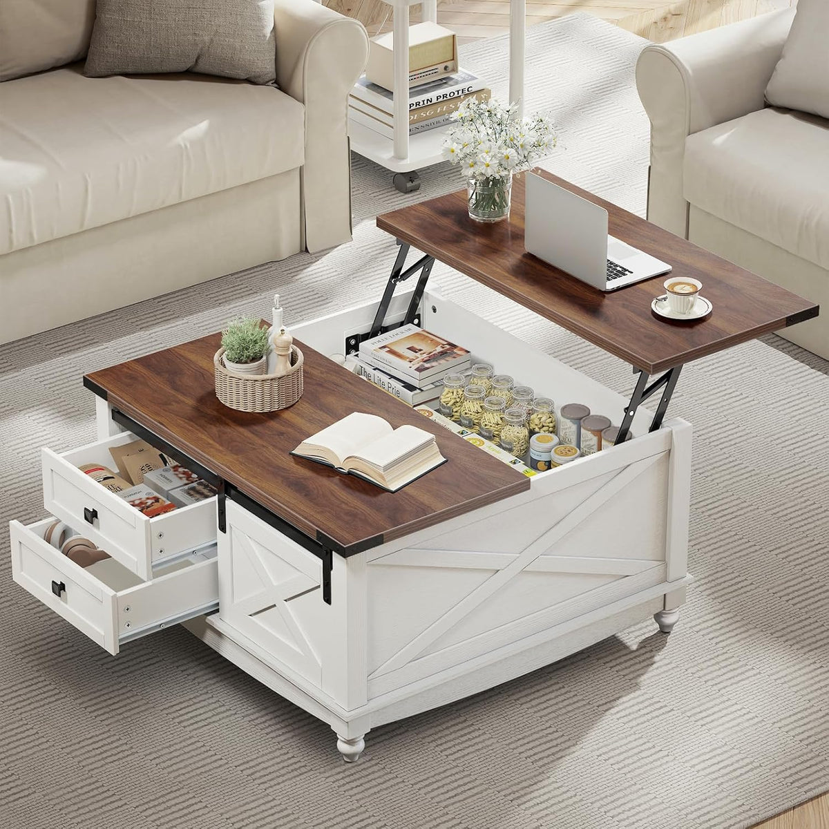 31.5" Lift Top Coffee Table with Storage, Farmhouse Coffee Tables for Living Room, Square Coffee