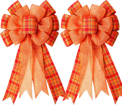 Iceyyyy Extra Large Fall Wreath Gift Bow -18.8x10.6inch Orange Buffalo Plaid Check Wreath Bow Swag