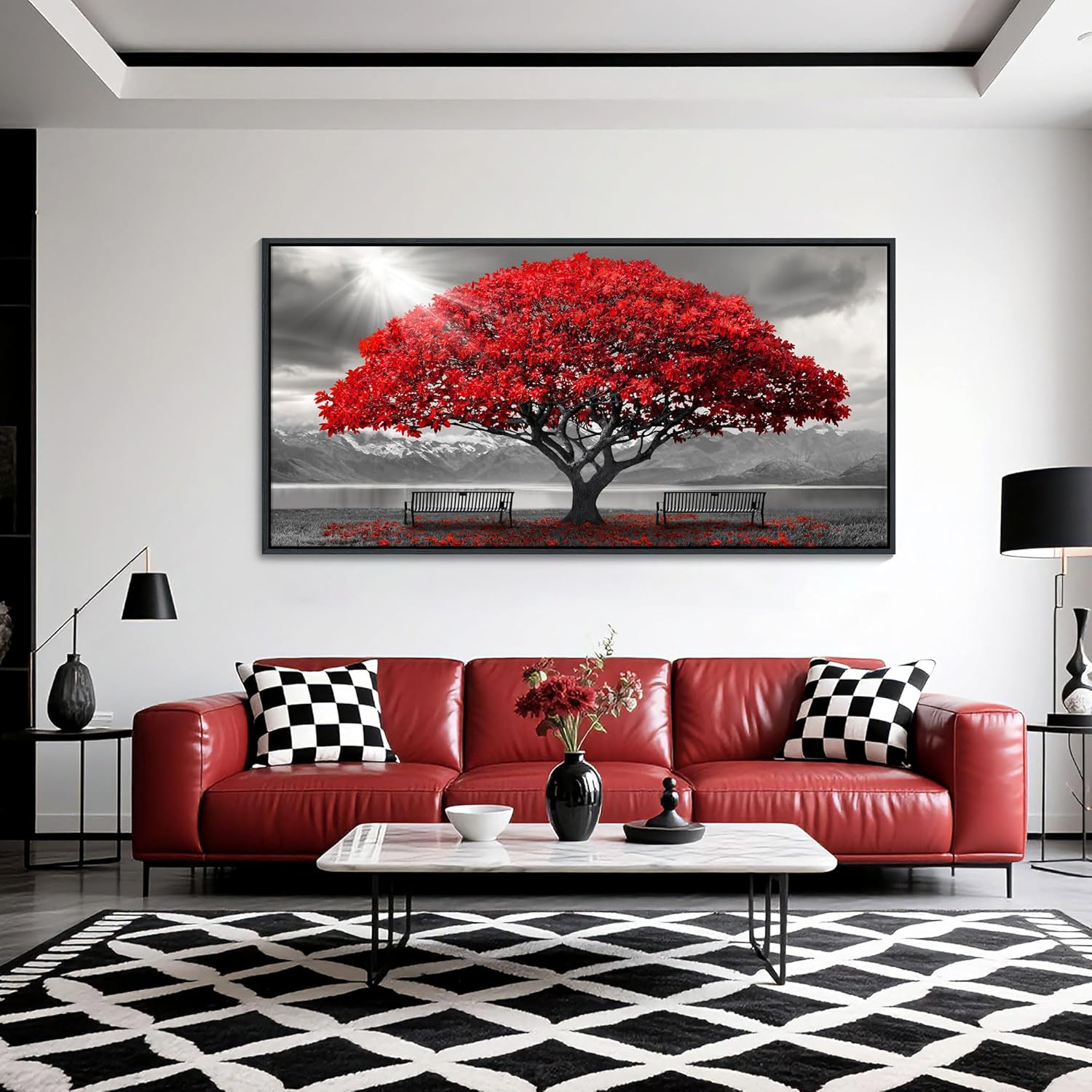 AJAZIKO Red Wall Art - Modern Framed Wall Art for Living Room - Red Tree Black and White Landscape