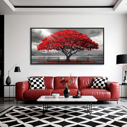 AJAZIKO Red Wall Art - Modern Framed Wall Art for Living Room - Red Tree Black and White Landscape