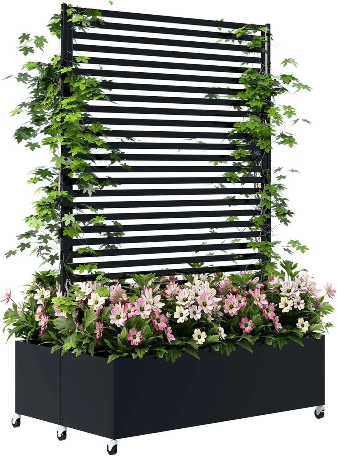 Double Metal Planter Box with Trellis Privacy Screen, Raised Garden Bed with Trellis & Wheels