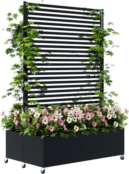 Double Metal Planter Box with Trellis Privacy Screen, Raised Garden Bed with Trellis & Wheels