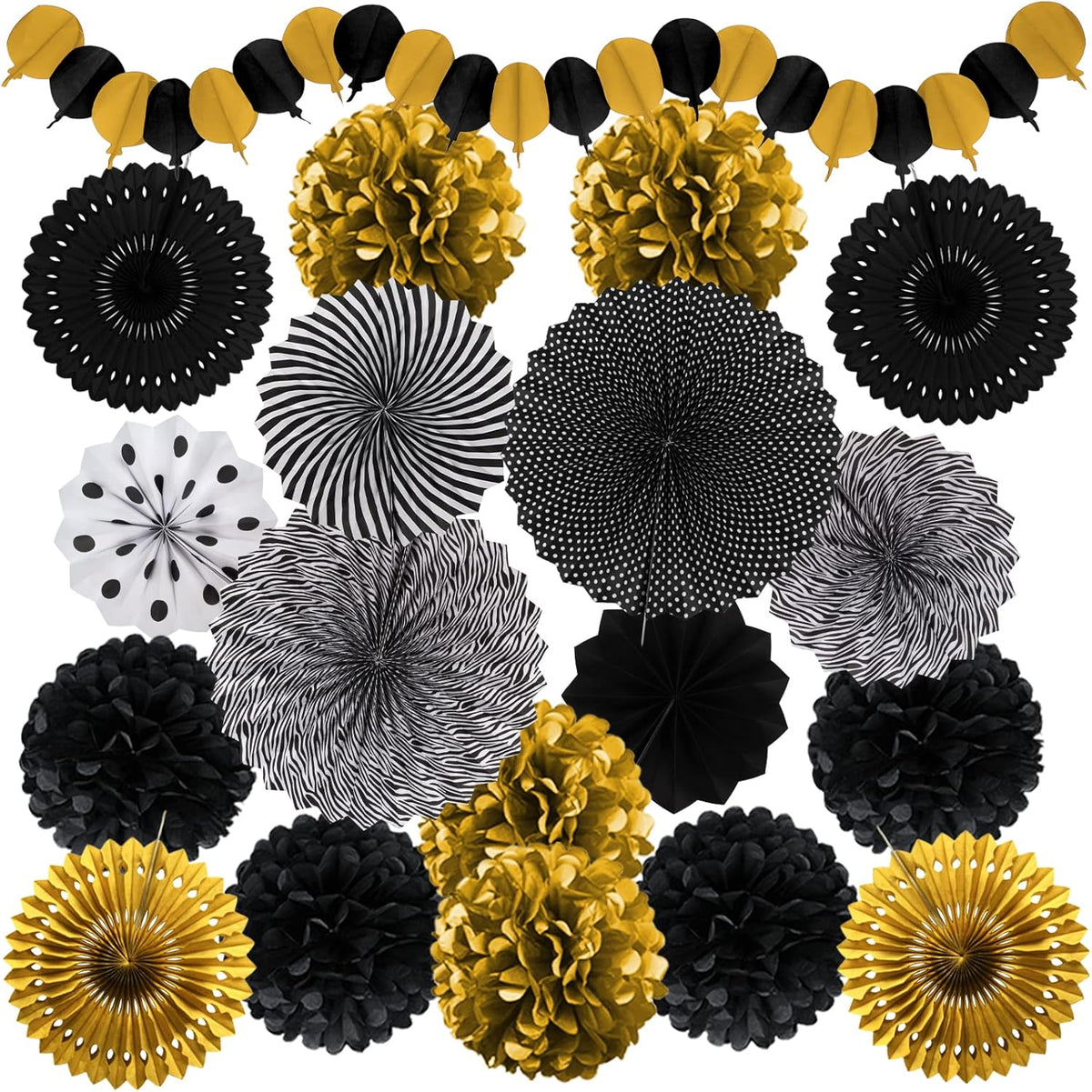 Black and Gold Decorations, Paper Pompoms Fan for Graduation Birthday Wedding Prom Night New Years