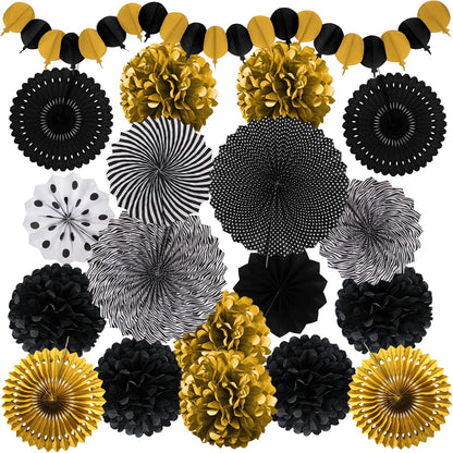 Black and Gold Decorations, Paper Pompoms Fan for Graduation Birthday Wedding Prom Night New Years