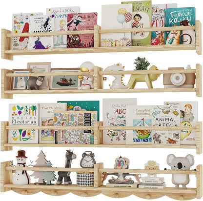 34Inch Nursery Bookshelves,Set of 4,Wall Floating Shelf Kids Coat Rack with 6Hooks,Hanging Book