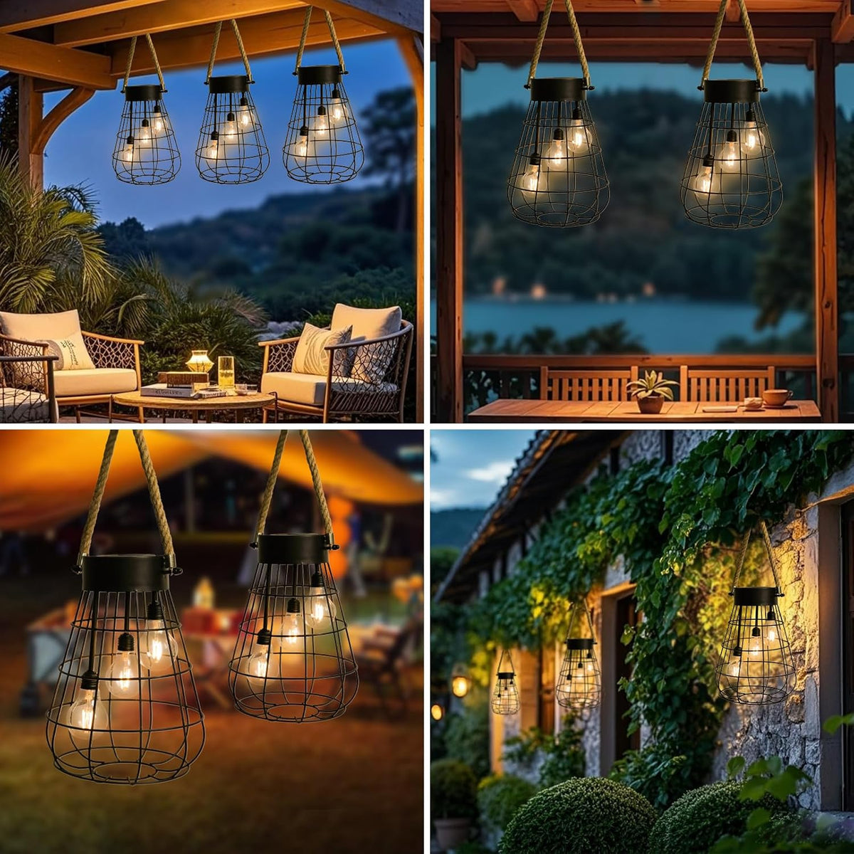 Solar Hanging Lantern with Rope, Vintage Industrial Pendant Light, 12.8" Solar Powered Outdoor
