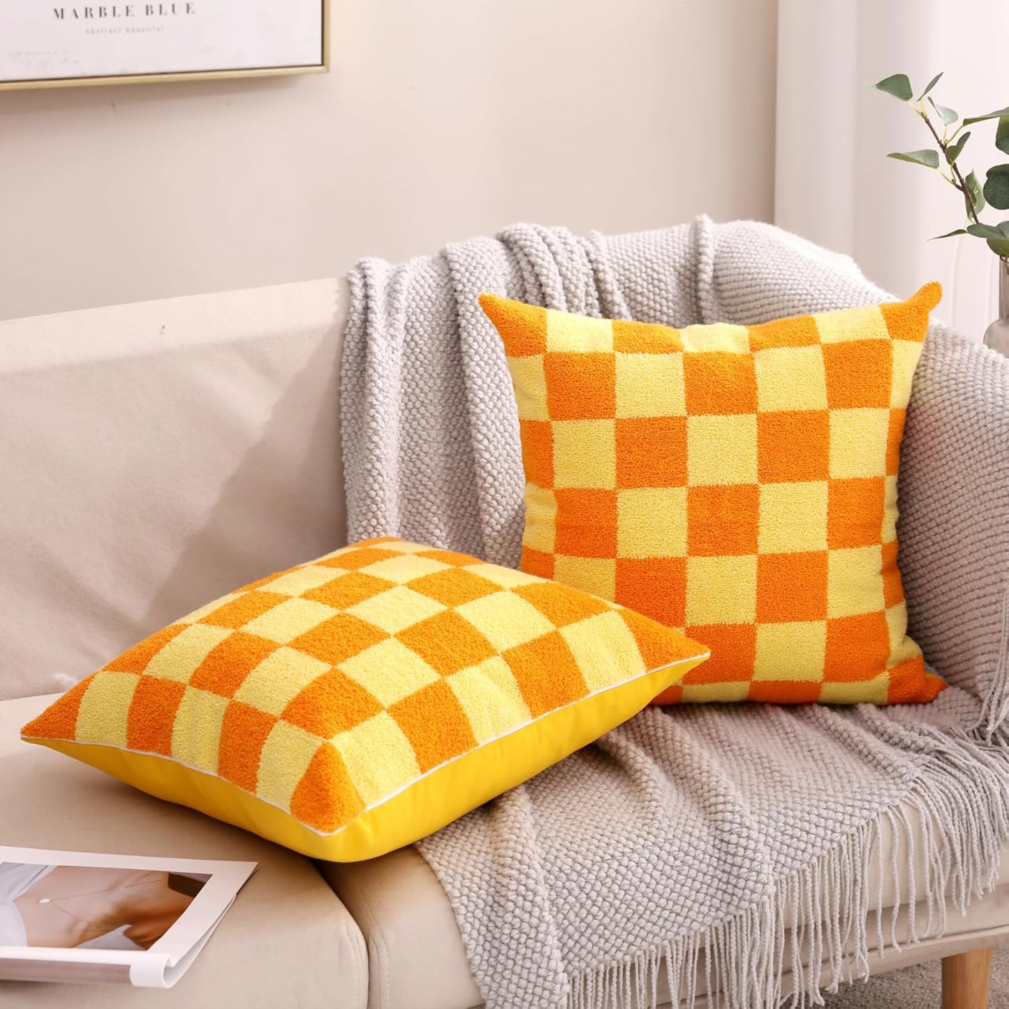Alysheer Checkered Embroidered Decorative Throw Pillow Covers 18"x 18" Set of 2, Farmhouse Boho