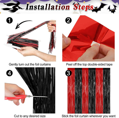 4 Pack Halloween Wall Backdrop, 3.28 FT x 7.05 FT Red and Black Party Streamer, Metallic Tinsel