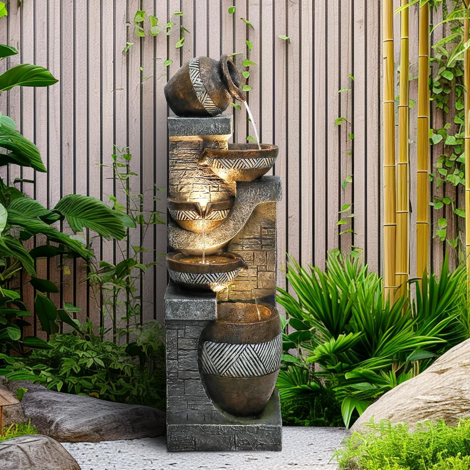 SunJet 5-Tiers Indoor/Outdoor Garden Water Fountain - 42.5inches Modern Floor-Standing Cascading
