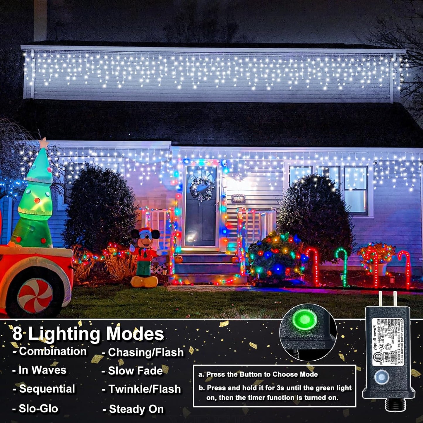 Icicle Christmas Lights, 98FT 1216 LED Icicle Lights for Outside with 228 Drops, 8 Modes Waterproof