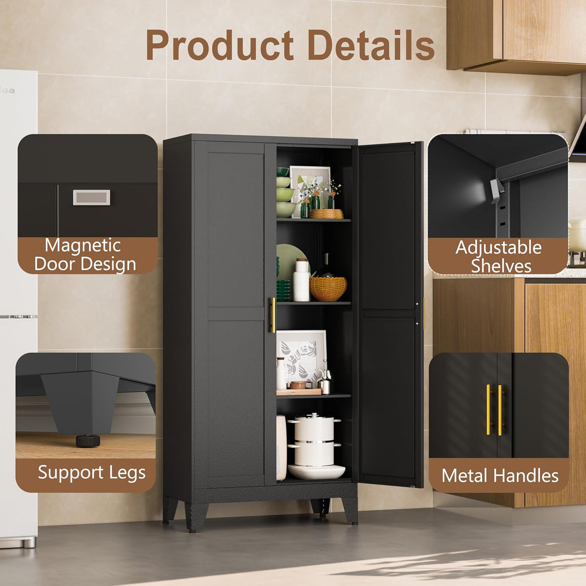 Metal Kitchen Pantry Storage Cabinet with 2 Doors and 3 Adjustable Shelves,Pantry Cabinet with