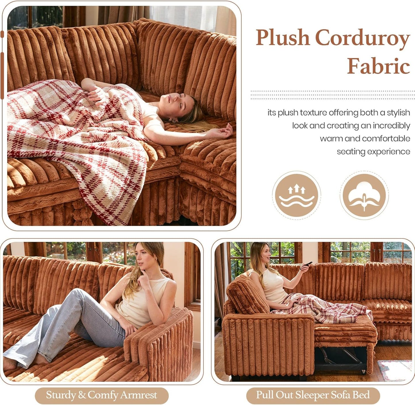 Belffin Modular Sectional Sleeper Sofa with Pull Out Couch Bed Corduroy Double Chaise with Storage