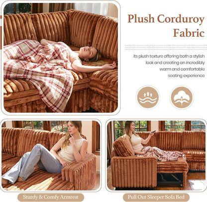 Belffin Modular Sectional Sleeper Sofa with Pull Out Couch Bed Corduroy Double Chaise with Storage