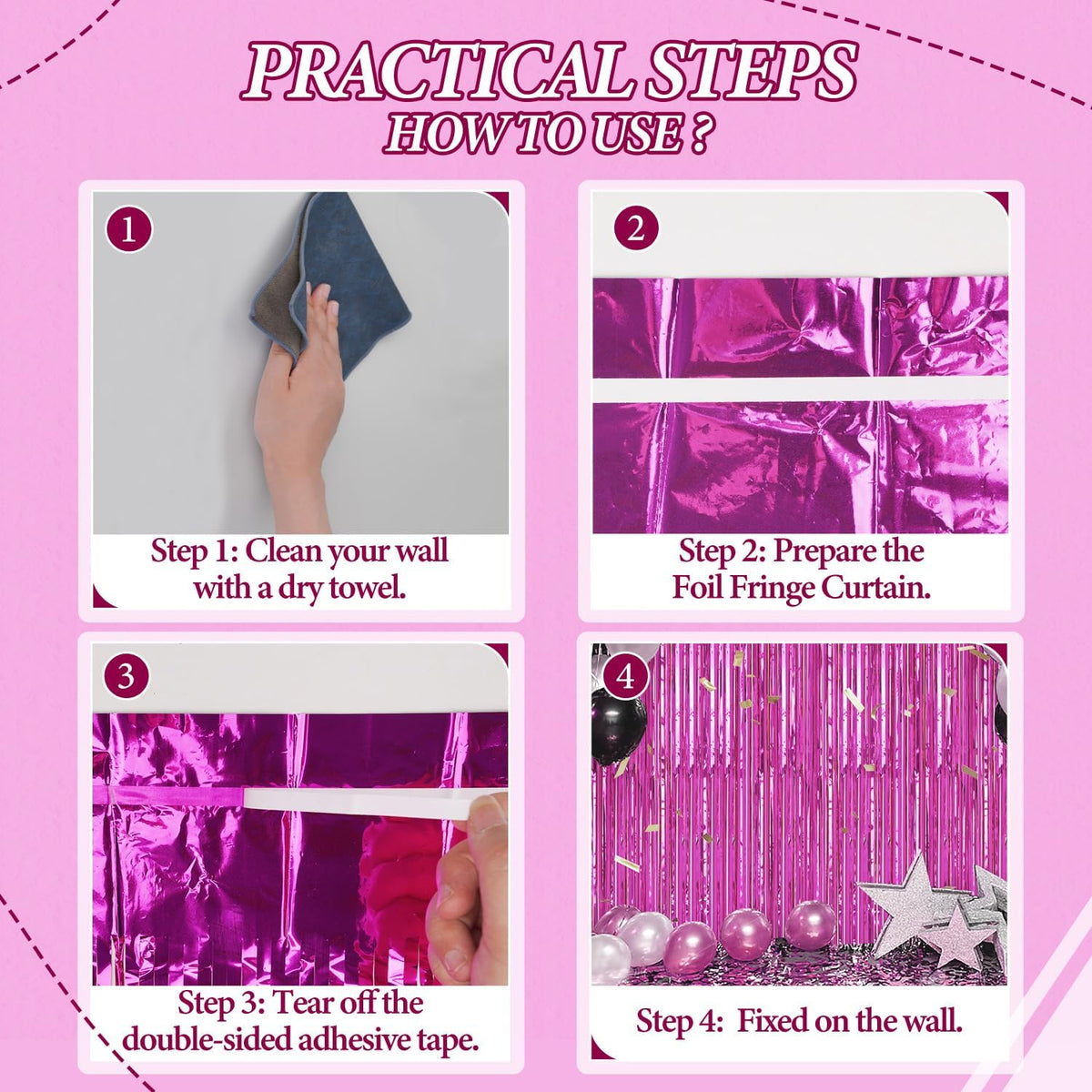 3 Pack Foil Fringe Backdrop - Hot Pink Shiny Tinsel Curtains for Party Decoration/Photo Booth Props