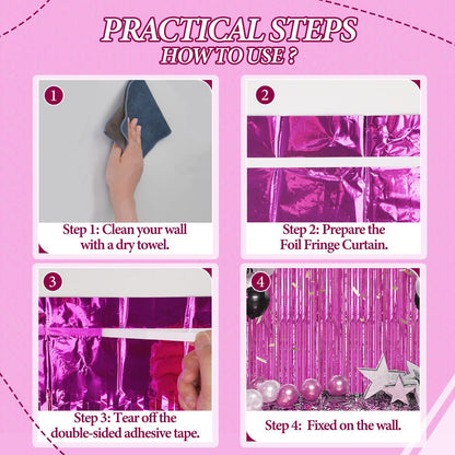 3 Pack Foil Fringe Backdrop - Hot Pink Shiny Tinsel Curtains for Party Decoration/Photo Booth Props