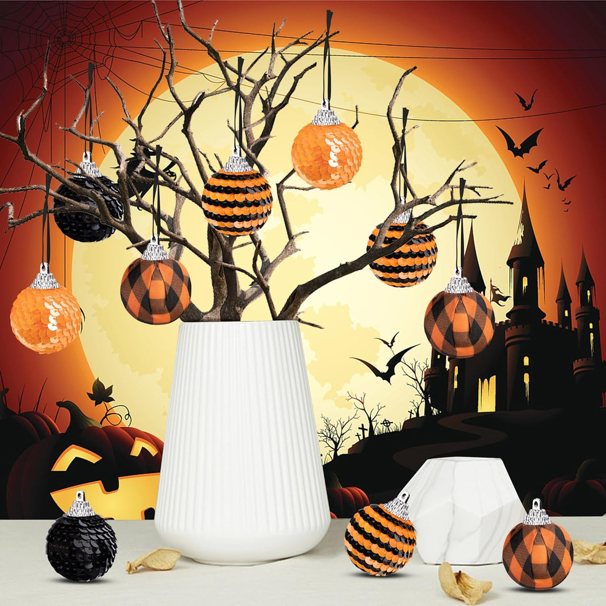24 PCS Halloween Sequin Hanging Ball Ornaments-1.6 Inch Halloweens Black Orange Sequin