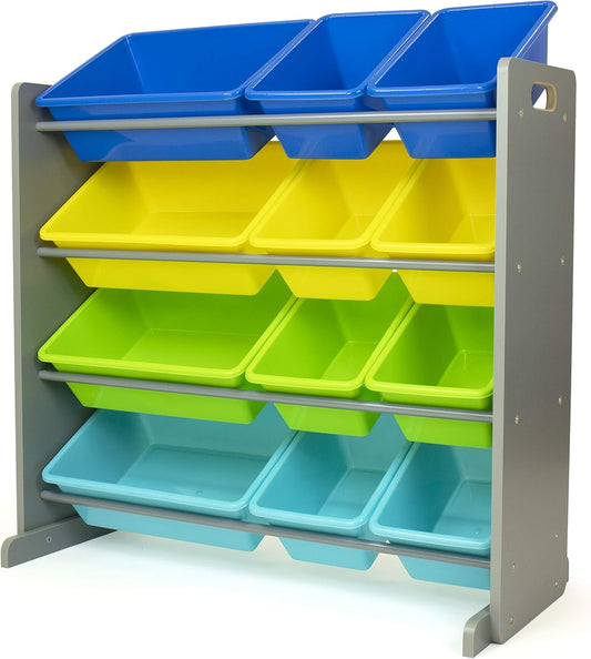 Humble Crew Kids Toy Storage Organizer with 12 Plastic Bins, Grey/Blue/Green/Yellow – Removable