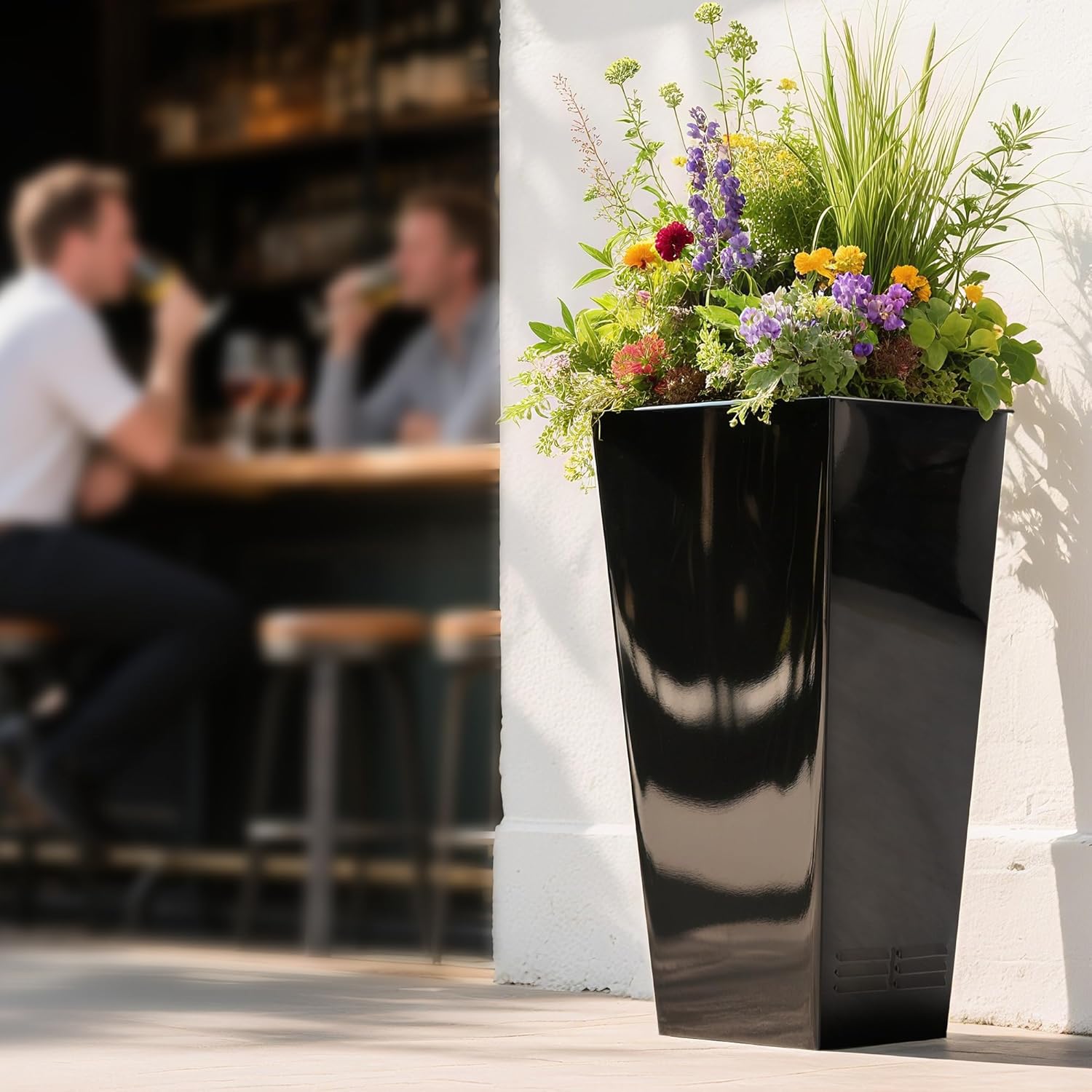 Worth Garden 28" H. Large Metal Glazed Planter Set of 2, Modern Glossy Finish Black Tall Square