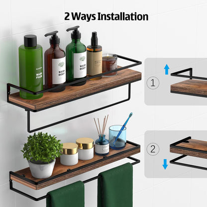 Meangood Floating Shelves Wall Mounted Set of 2, Wall Shelf with Towel Bar Rustic Wood Wall Storage