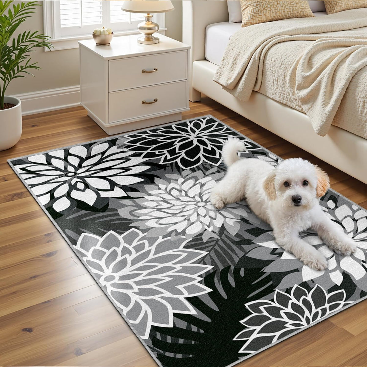 Area Rug 3x5 Black White Washable Entry Rug Multicolored Tropical Botanical Modern Floral Indoor