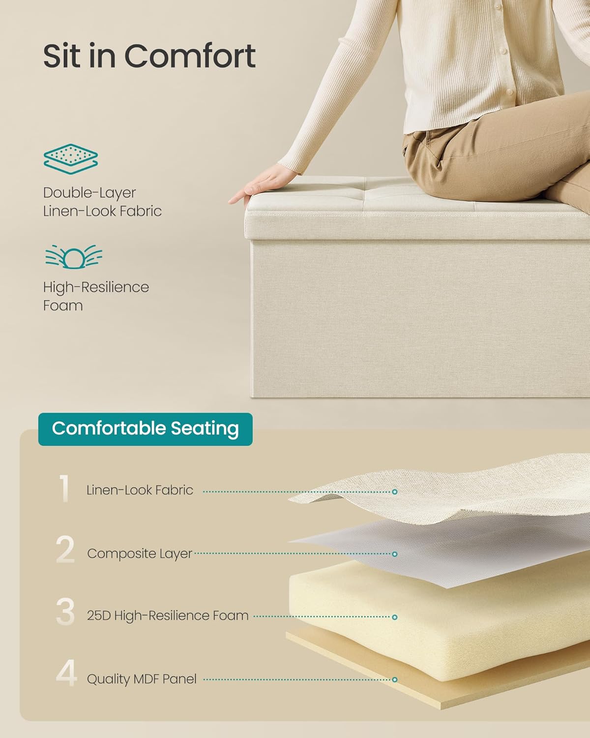 SONGMICS MAZIE Collection - 43 Inches Folding Storage Ottoman Bench, Ottoman Foot Rest, End of Bed
