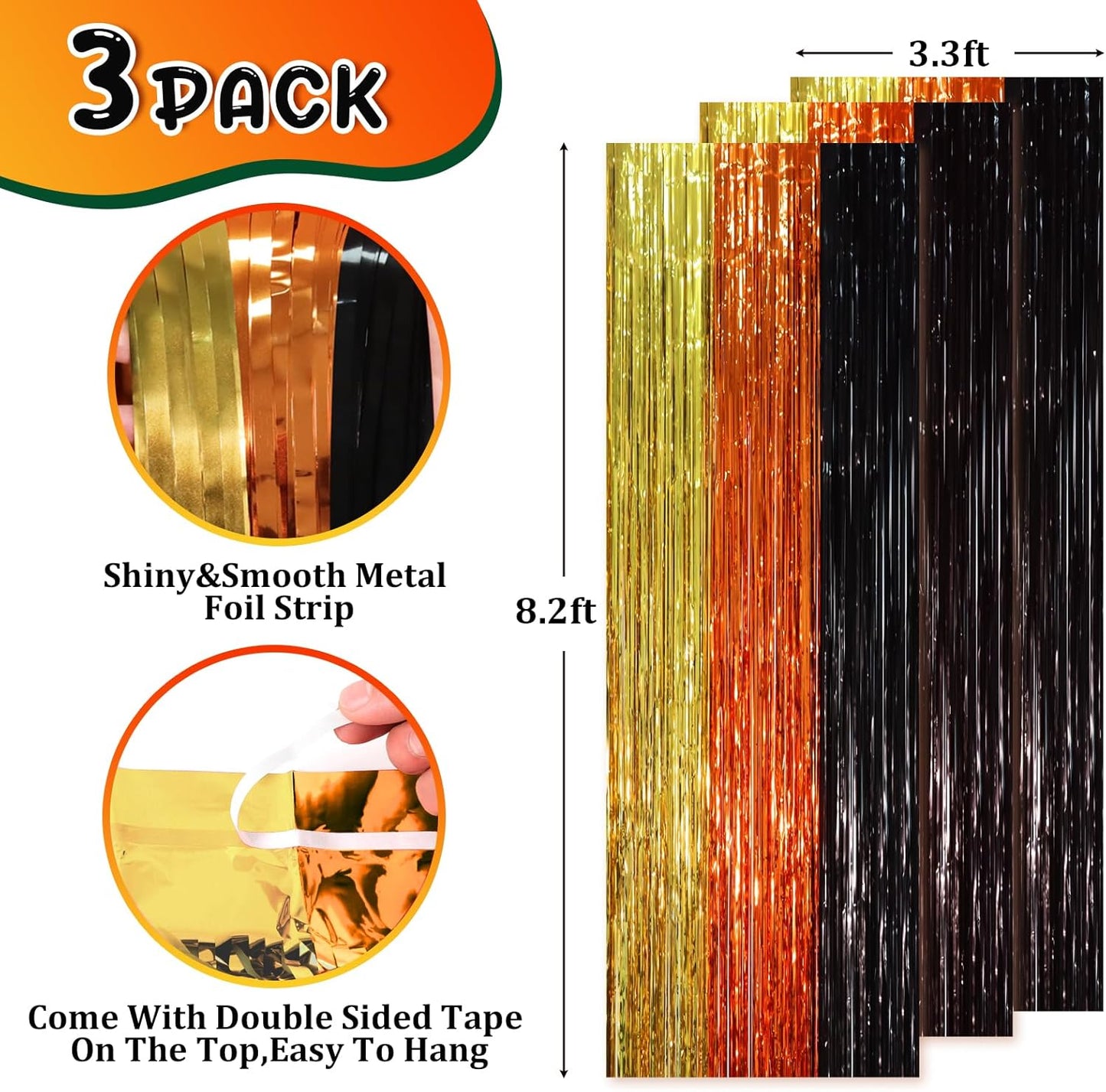3 Pack 3.3 x 8.2 ft Black Gold Orange Foil Fringe Backdrop Curtains, Tinsel Streamers Party