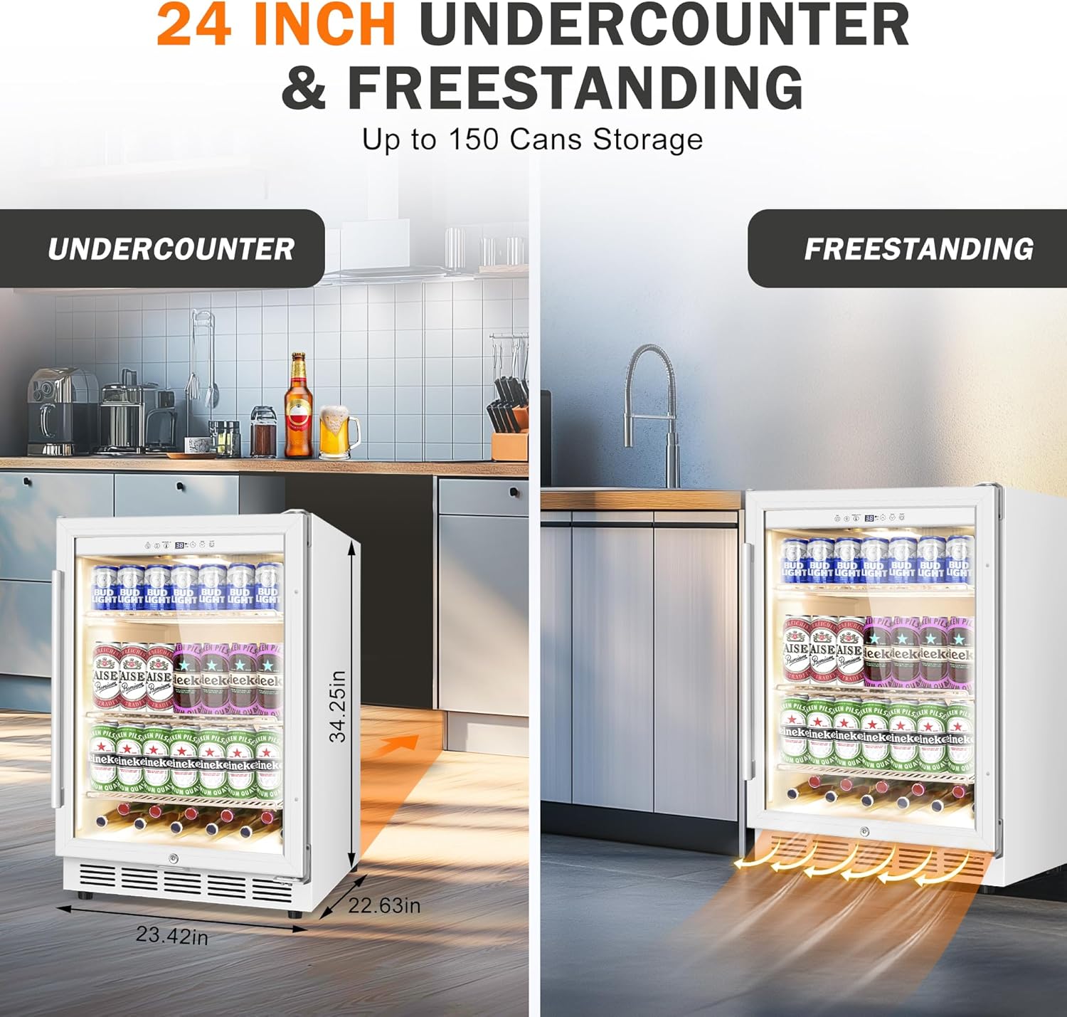 Beverage Refrigerator 24 Inch Drink Fridge, Beer Fridge, 150 Cans Beverage Cooler, Under Counter
