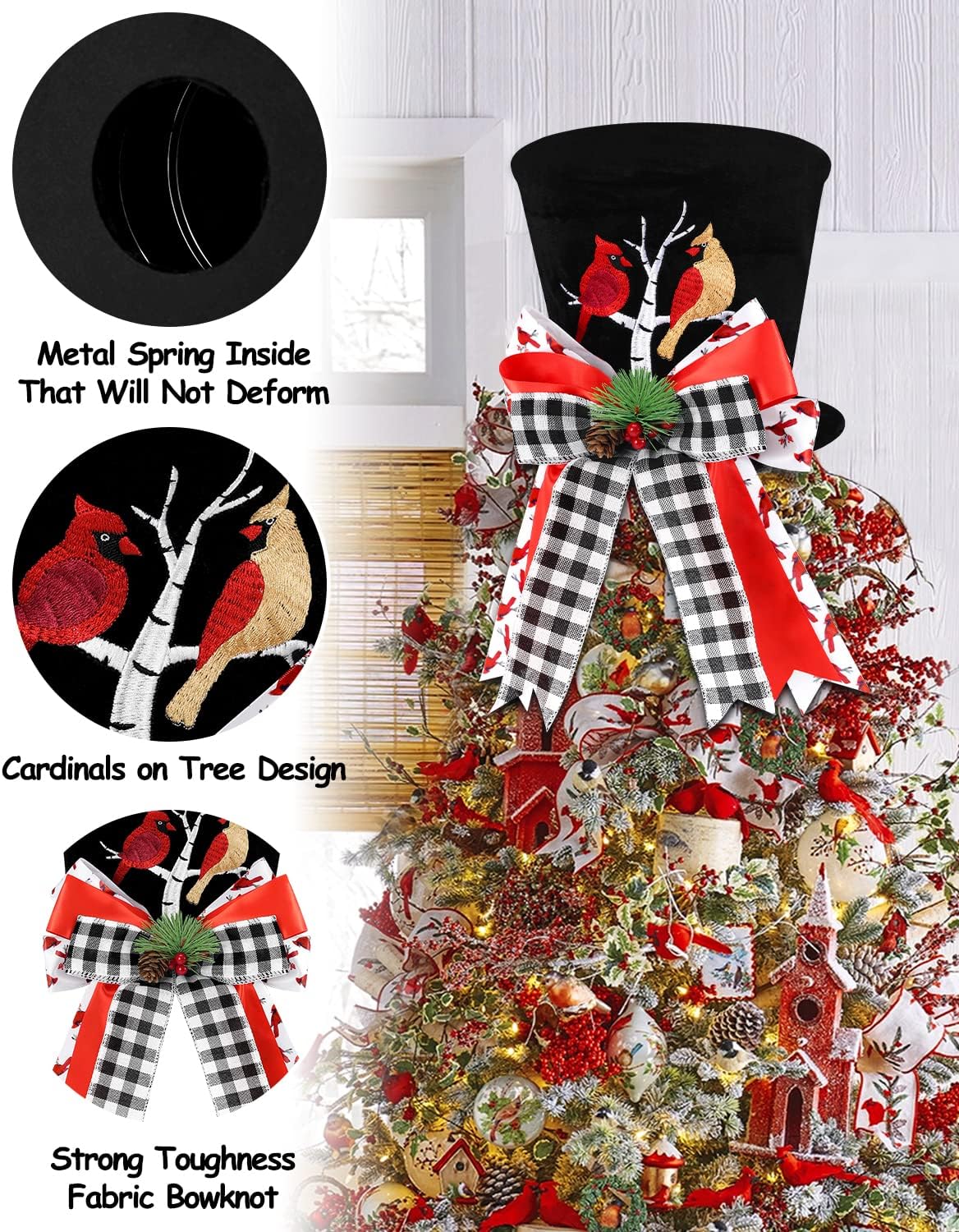 Cardinal Christmas Tree Topper Top Hat with Buffalo Plaid Check Bows Xmas Couple Cardinals on Tree
