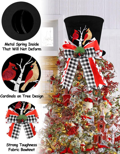 Cardinal Christmas Tree Topper Top Hat with Buffalo Plaid Check Bows Xmas Couple Cardinals on Tree