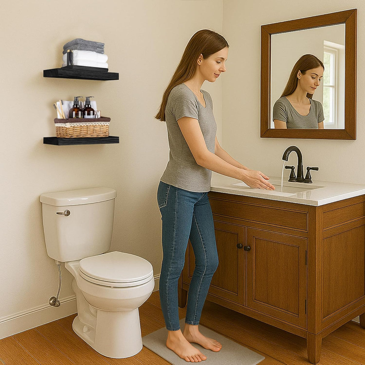 BGMG Wood Floating Shelves 18 inch,Black Floating Shelves,Solid Wood Wall Shelves for Bathroom