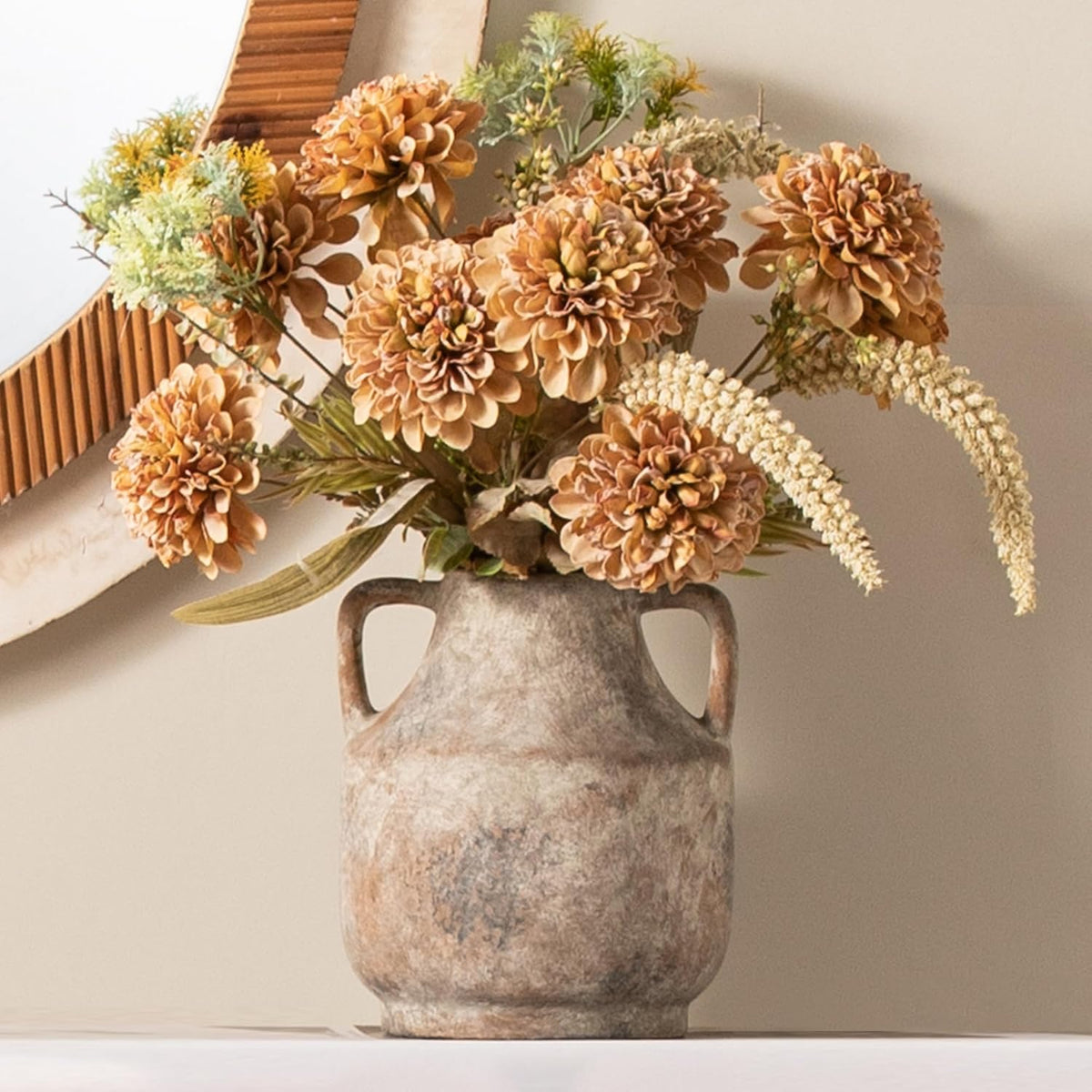 Mitt&Ditt Ceramic Flower Vase with Handles, 8 inch Tall Off-White Vase, Decorative Terracotta