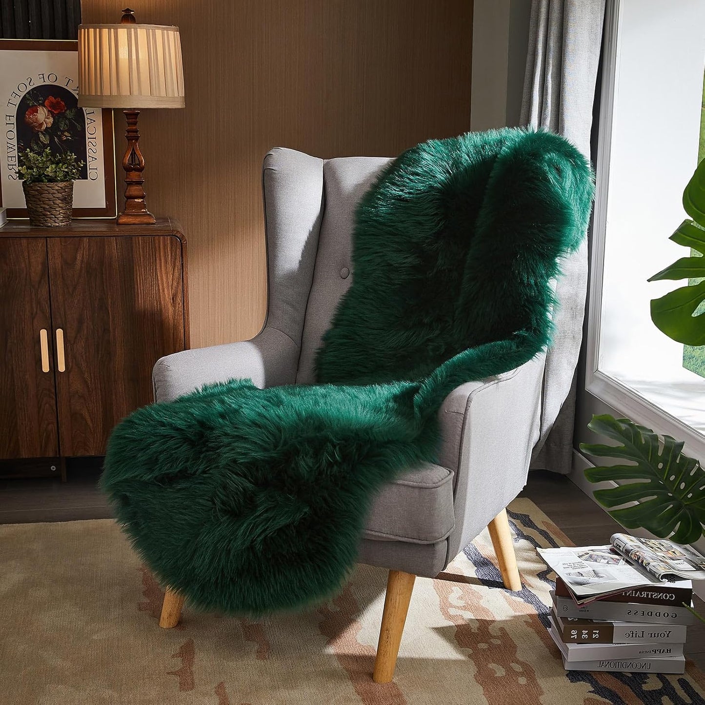 AMTOVO Faux Sheepskin Rug, Dark Green Ultra Soft Fluffy Shag Area Rug, 2 x 6 ft Faux Fur Rug for