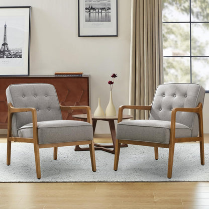 Linen Accent Chair Set of 2, Mid Century Modern Chair for Living Room, Upholstered Comfy Lounge