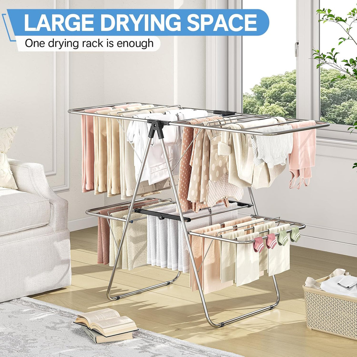 APEXCHASER Clothes Drying Rack with 4 Wings, Drying Rack Clothing with Height-Adjustable, Foldable