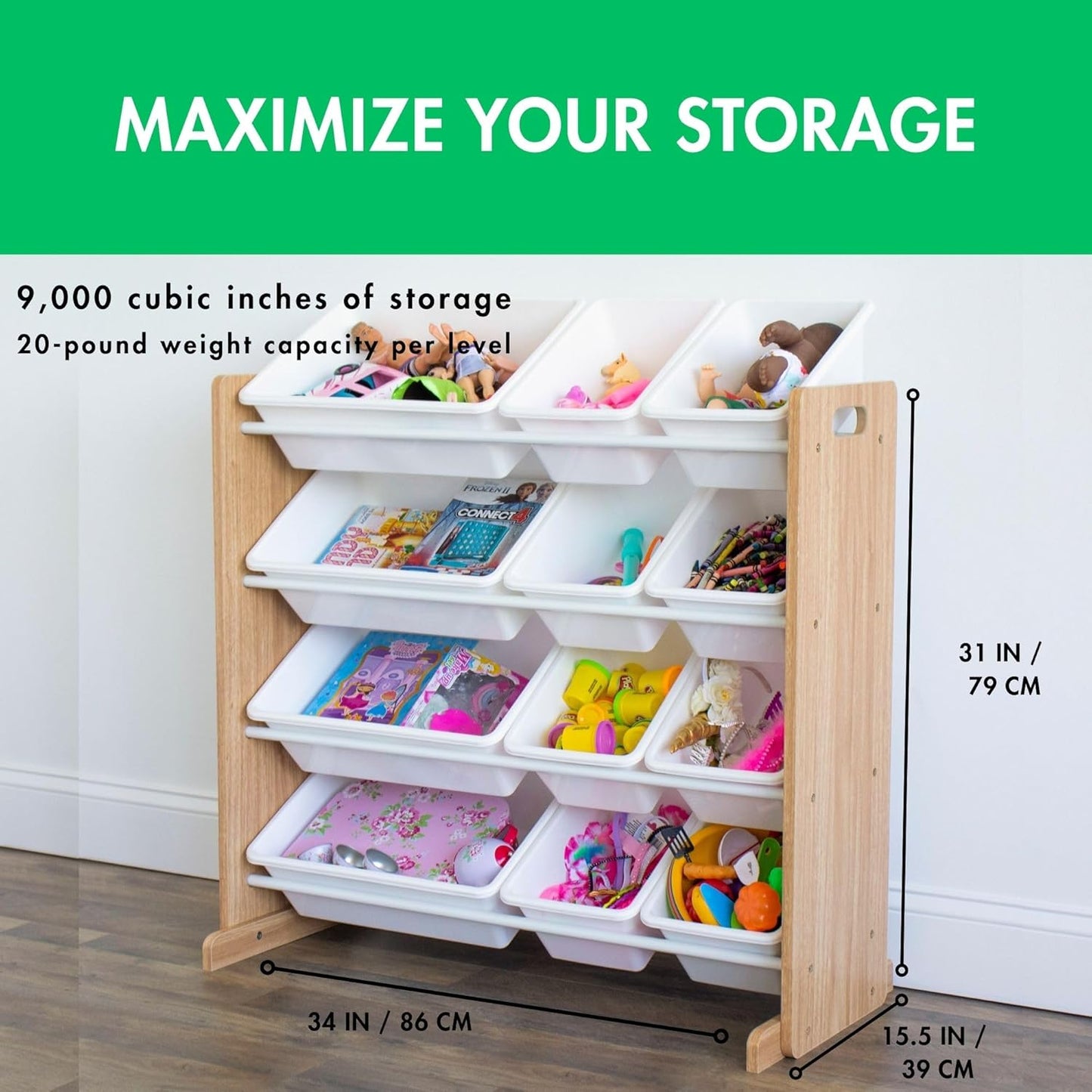 Humble Crew Kids Toy Storage Organizer with 12 Plastic Bins, Natural Wood/White – Removable Bins