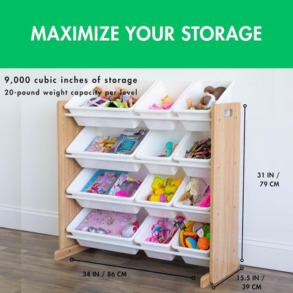 Humble Crew Kids Toy Storage Organizer with 12 Plastic Bins, Natural Wood/White – Removable Bins