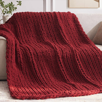 Chunky Knit Throw Blanket, 50''*60'' Knitted Throw Chenille Yarn for Bed Couch, Handmade Red