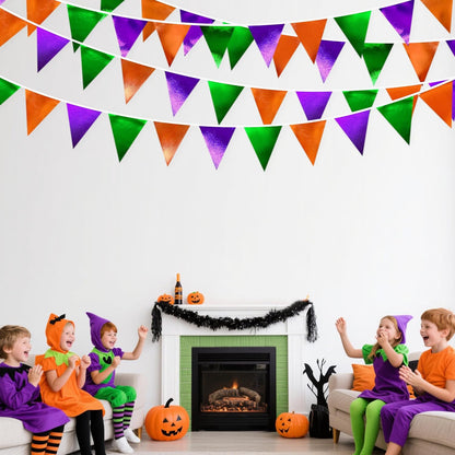 Halloween Party Decorations Metallic Fabric Green Orange Purple Triangle Pennant Banner Flag