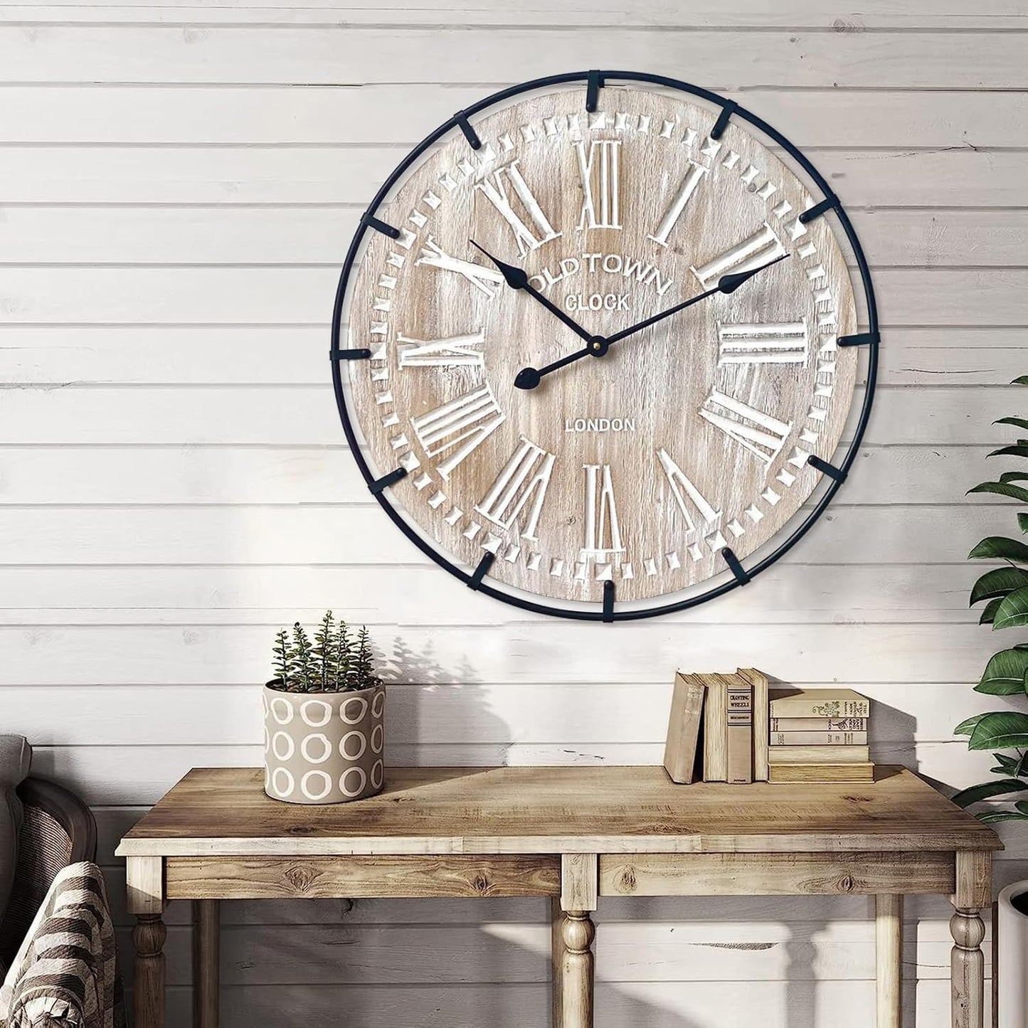 24 Inch Large Farmhouse Wall Clock, Rustic Antique Wood with Metal Circle and Large Engraved