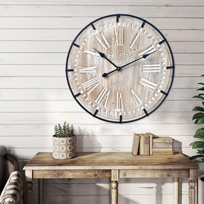 24 Inch Large Farmhouse Wall Clock, Rustic Antique Wood with Metal Circle and Large Engraved