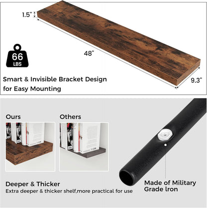 Floating Shelves - 2 Large Wall Mounted Shelves with Invisible Brackets, Long Wood Floating Wall